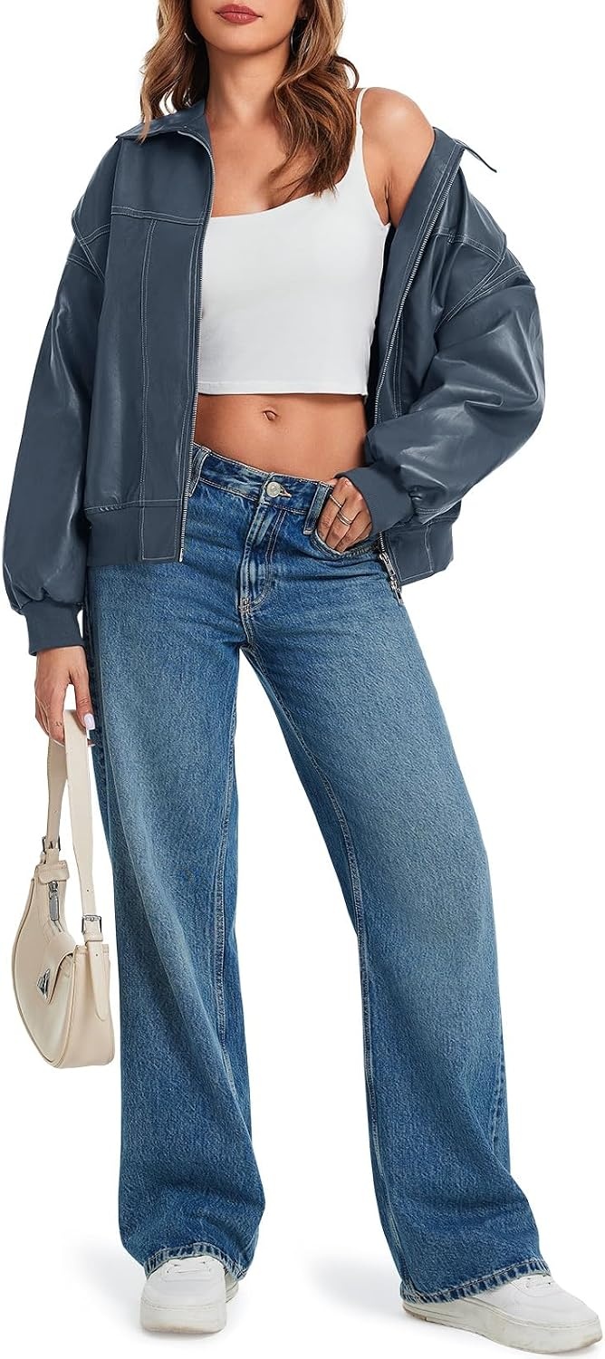 image:imageTankaneo Womens Oversized Leather Bomber Jackets Zip Up Motorcycle CoatsBlue Grey