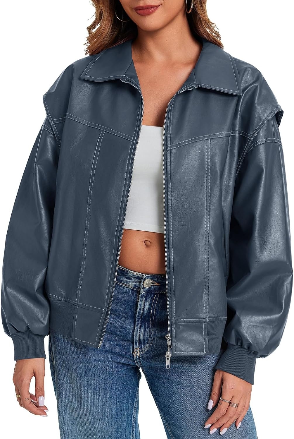 image:imageTankaneo Womens Oversized Leather Bomber Jackets Zip Up Motorcycle CoatsBlue Grey
