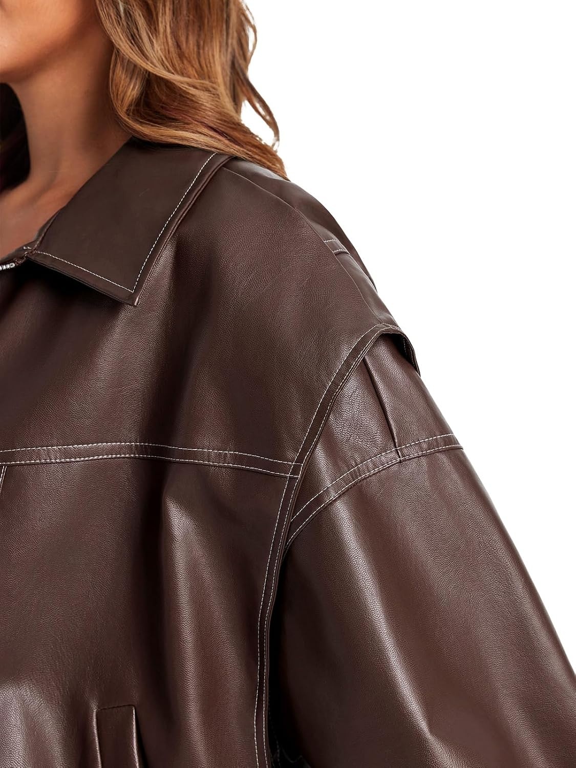 image:imageTankaneo Womens Oversized Leather Bomber Jackets Zip Up Motorcycle CoatsBrown