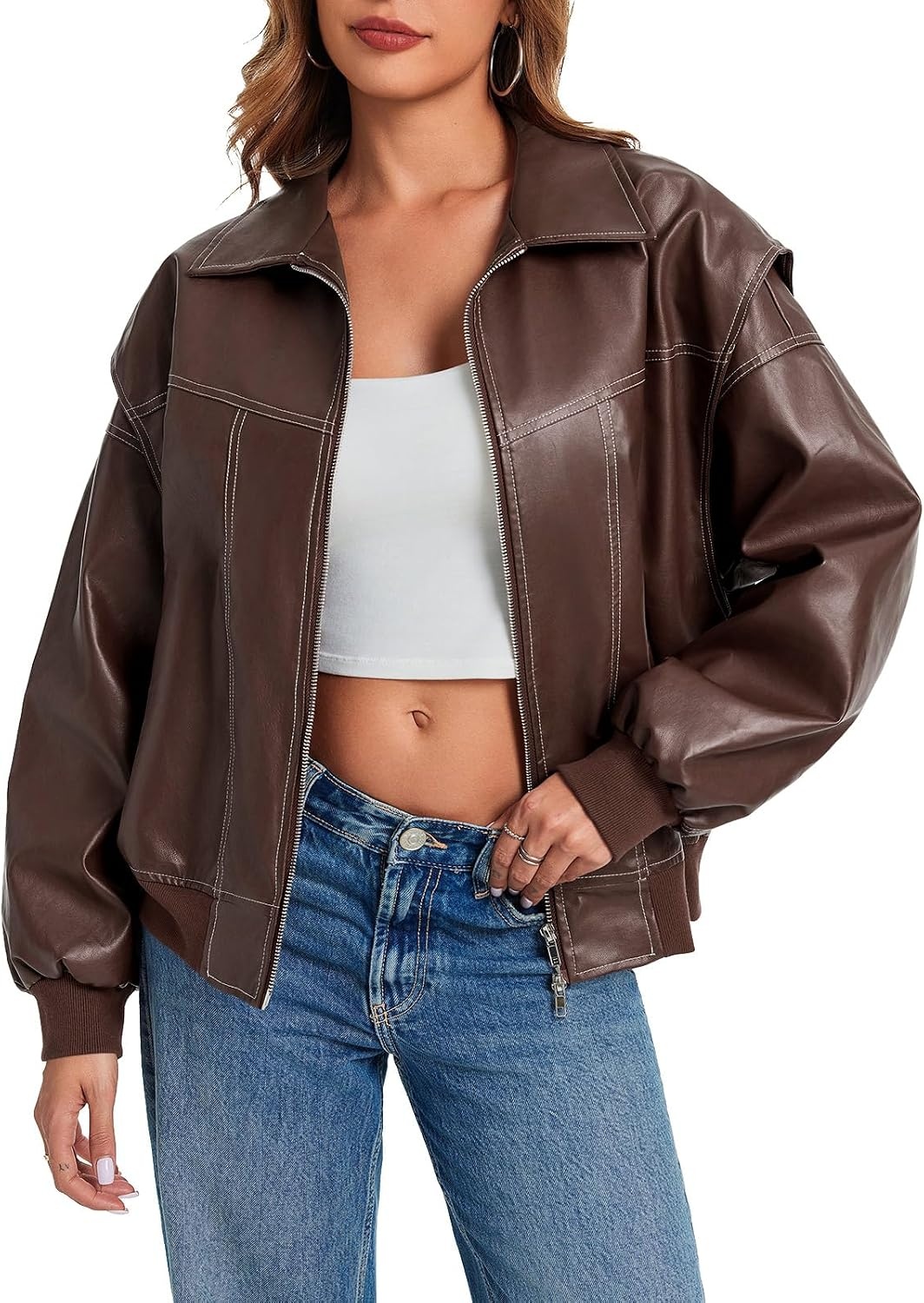 image:imageTankaneo Womens Oversized Leather Bomber Jackets Zip Up Motorcycle CoatsBrown
