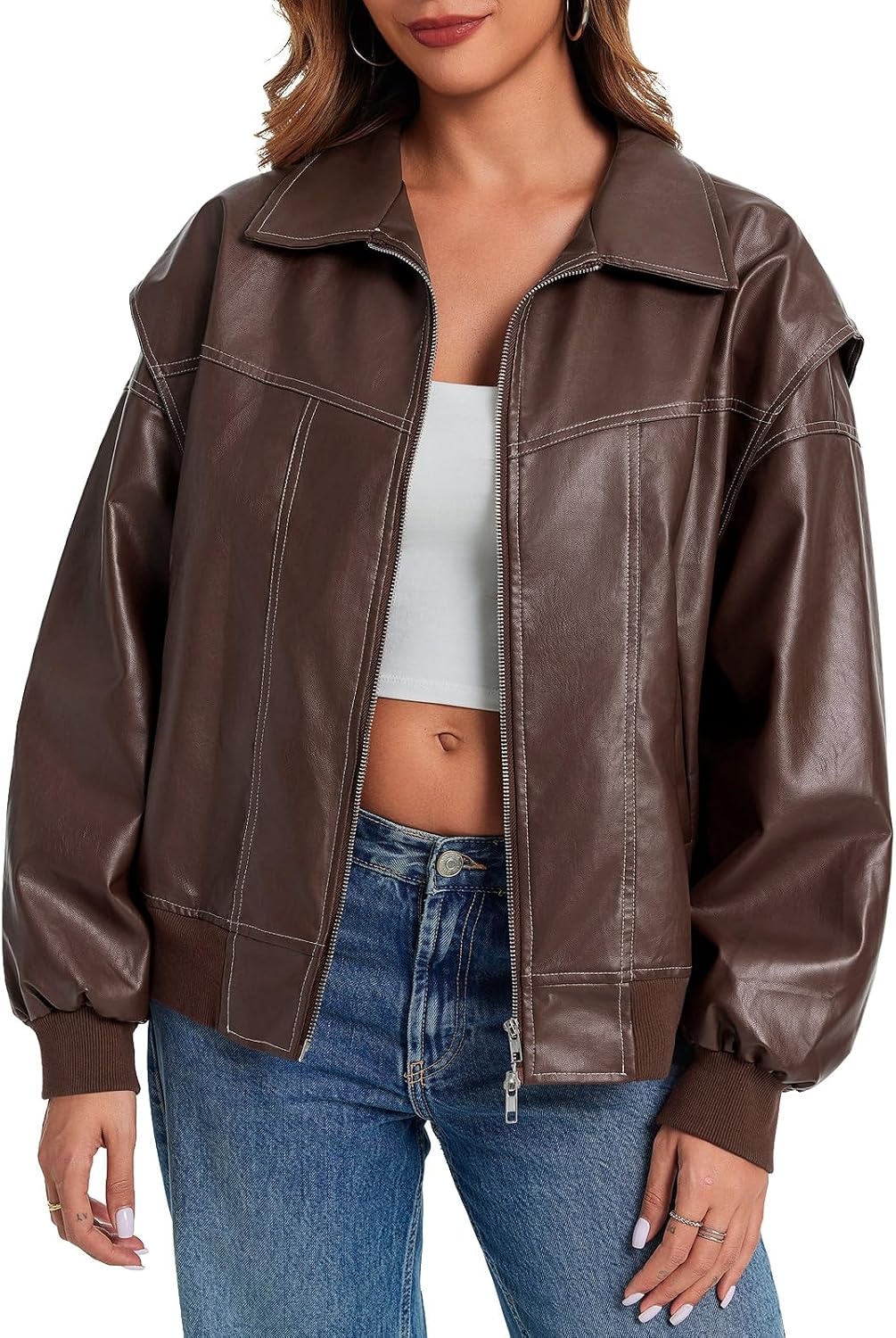 image:imageTankaneo Womens Oversized Leather Bomber Jackets Zip Up Motorcycle CoatsBrown