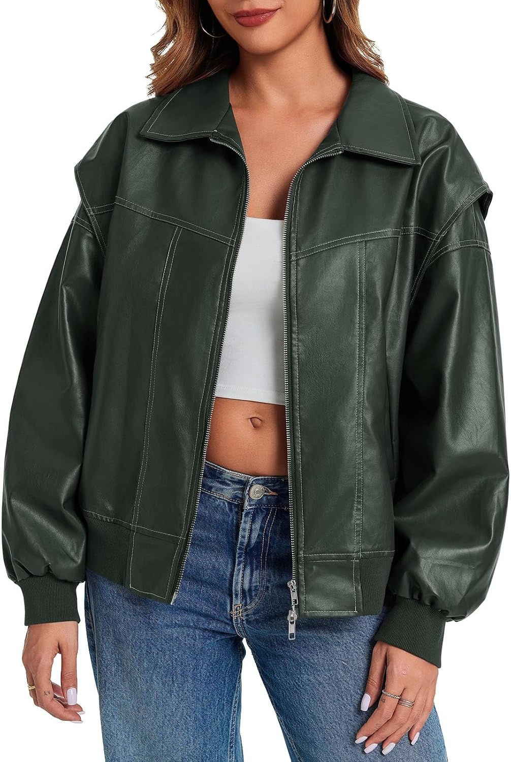 image:imageTankaneo Womens Oversized Leather Bomber Jackets Zip Up Motorcycle CoatsDark Green