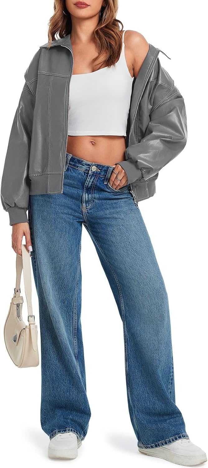 image:imageTankaneo Womens Oversized Leather Bomber Jackets Zip Up Motorcycle CoatsGrey