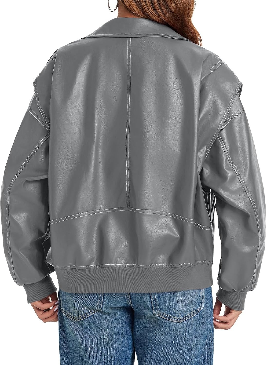 image:imageTankaneo Womens Oversized Leather Bomber Jackets Zip Up Motorcycle CoatsGrey