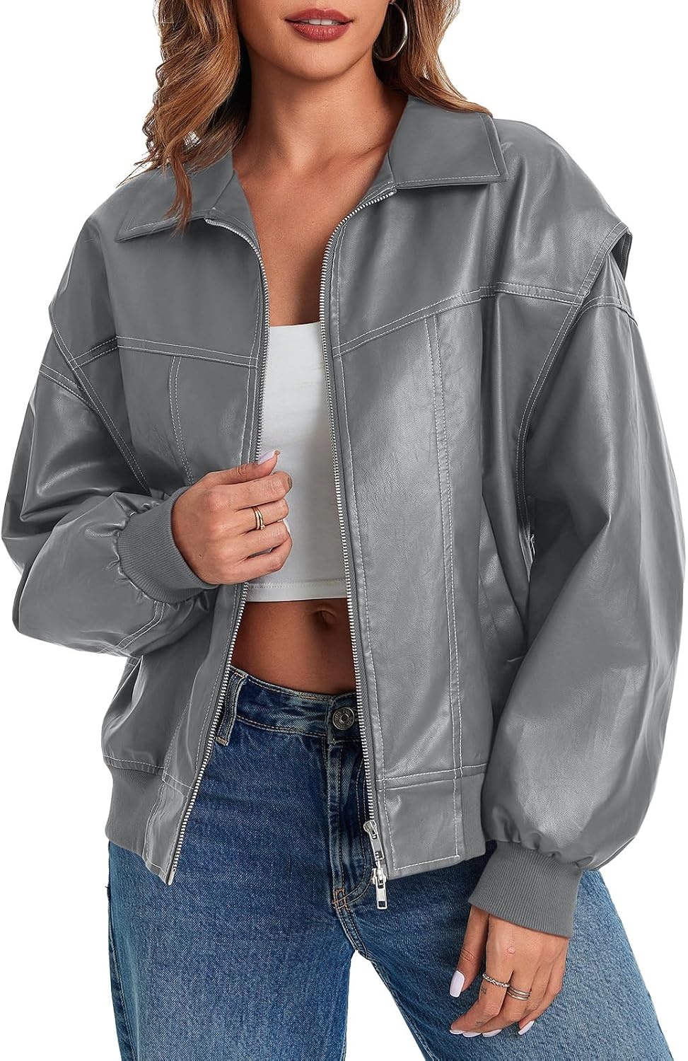 image:imageTankaneo Womens Oversized Leather Bomber Jackets Zip Up Motorcycle CoatsGrey
