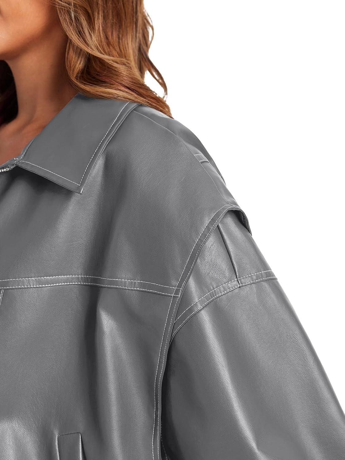 image:imageTankaneo Womens Oversized Leather Bomber Jackets Zip Up Motorcycle CoatsGrey