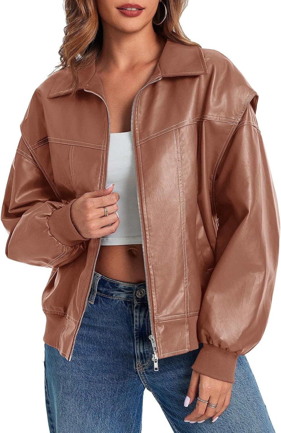 image:imageTankaneo Womens Oversized Leather Bomber Jackets Zip Up Motorcycle CoatsLight Brown