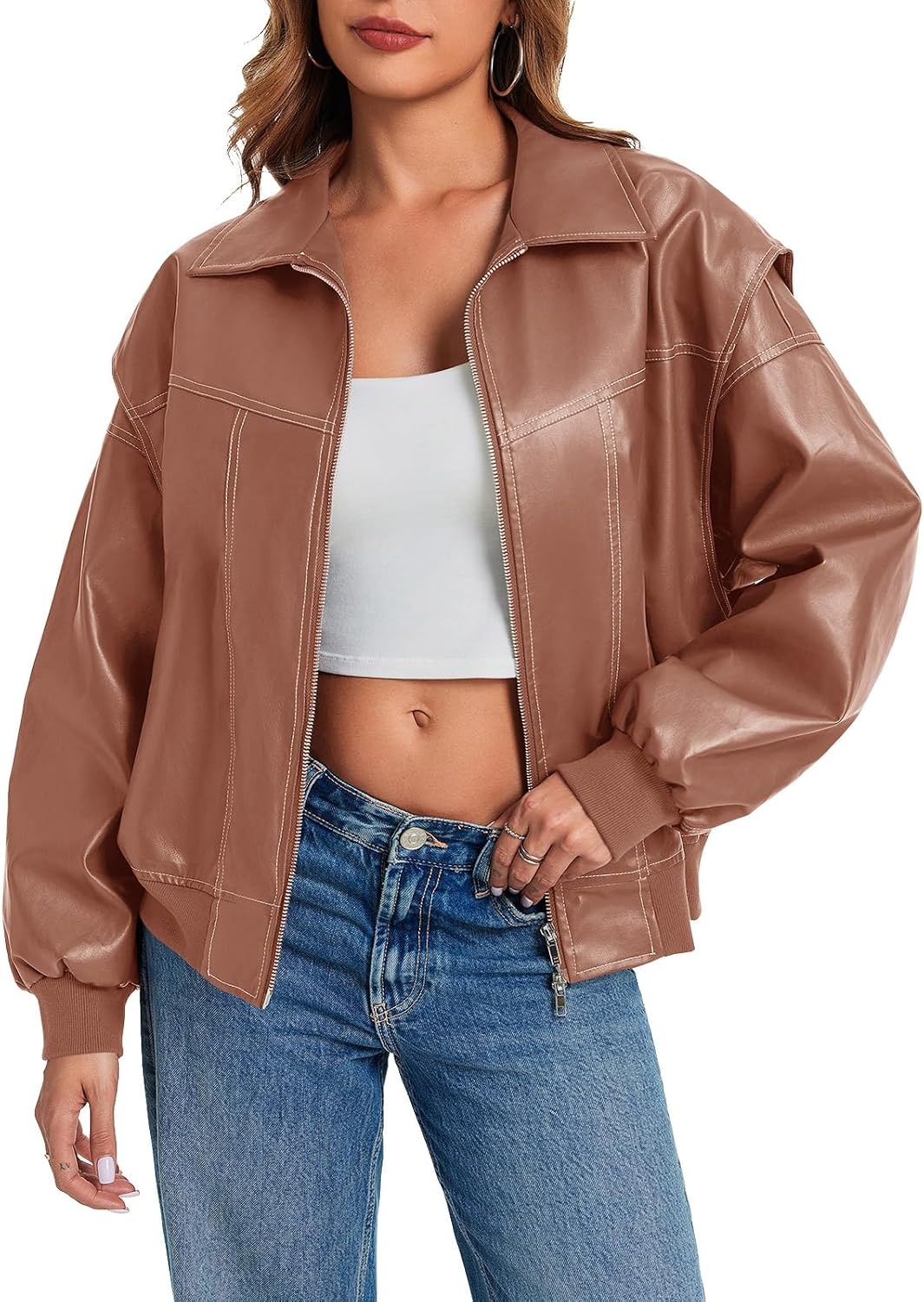 image:imageTankaneo Womens Oversized Leather Bomber Jackets Zip Up Motorcycle CoatsLight Brown