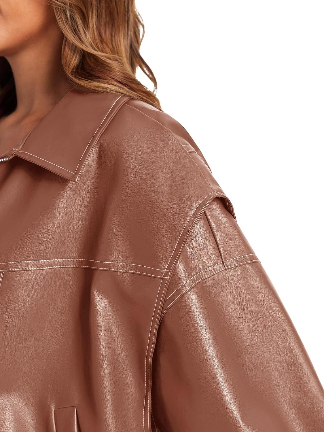 image:imageTankaneo Womens Oversized Leather Bomber Jackets Zip Up Motorcycle CoatsLight Brown