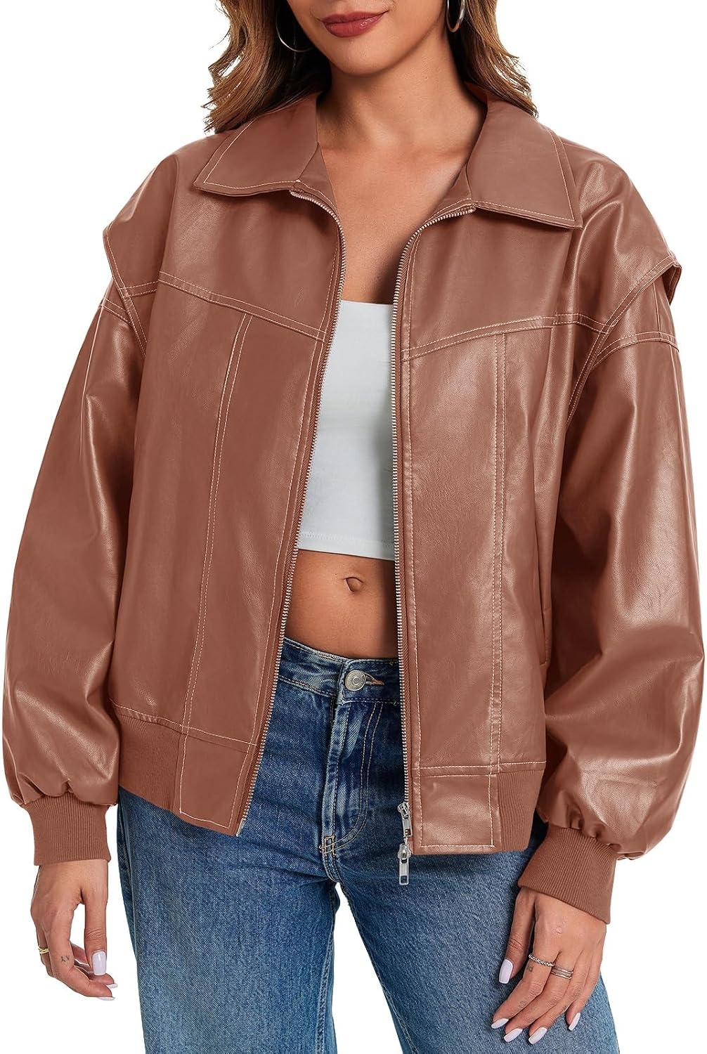 image:imageTankaneo Womens Oversized Leather Bomber Jackets Zip Up Motorcycle CoatsLight Brown