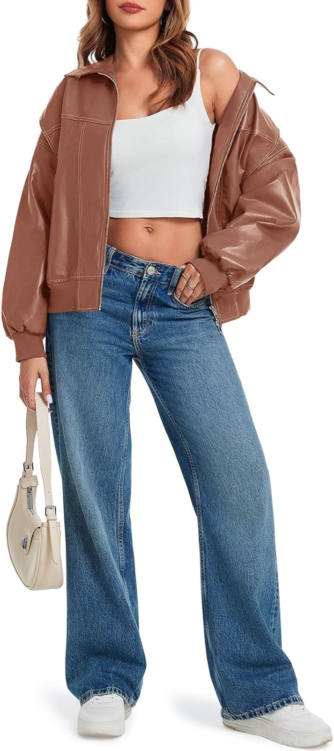 image:imageTankaneo Womens Oversized Leather Bomber Jackets Zip Up Motorcycle CoatsLight Brown