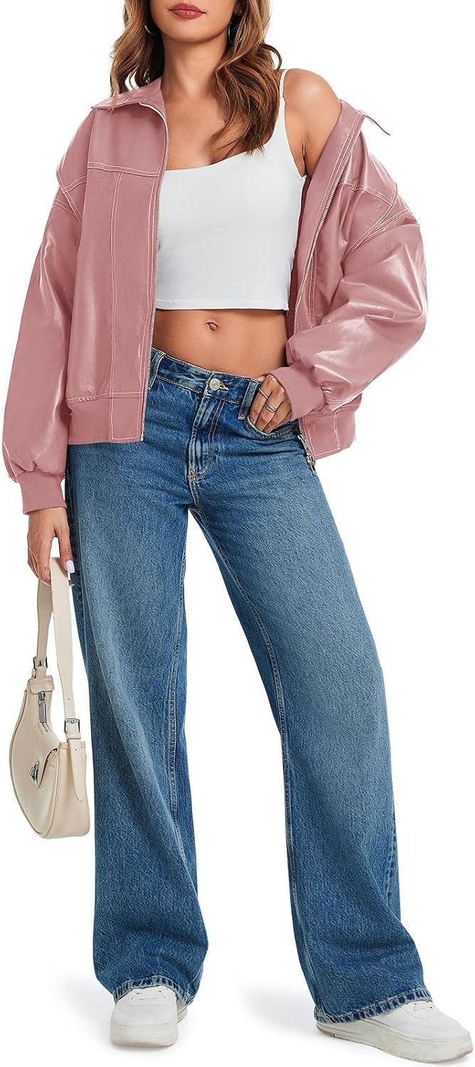 image:imageTankaneo Womens Oversized Leather Bomber Jackets Zip Up Motorcycle CoatsPink