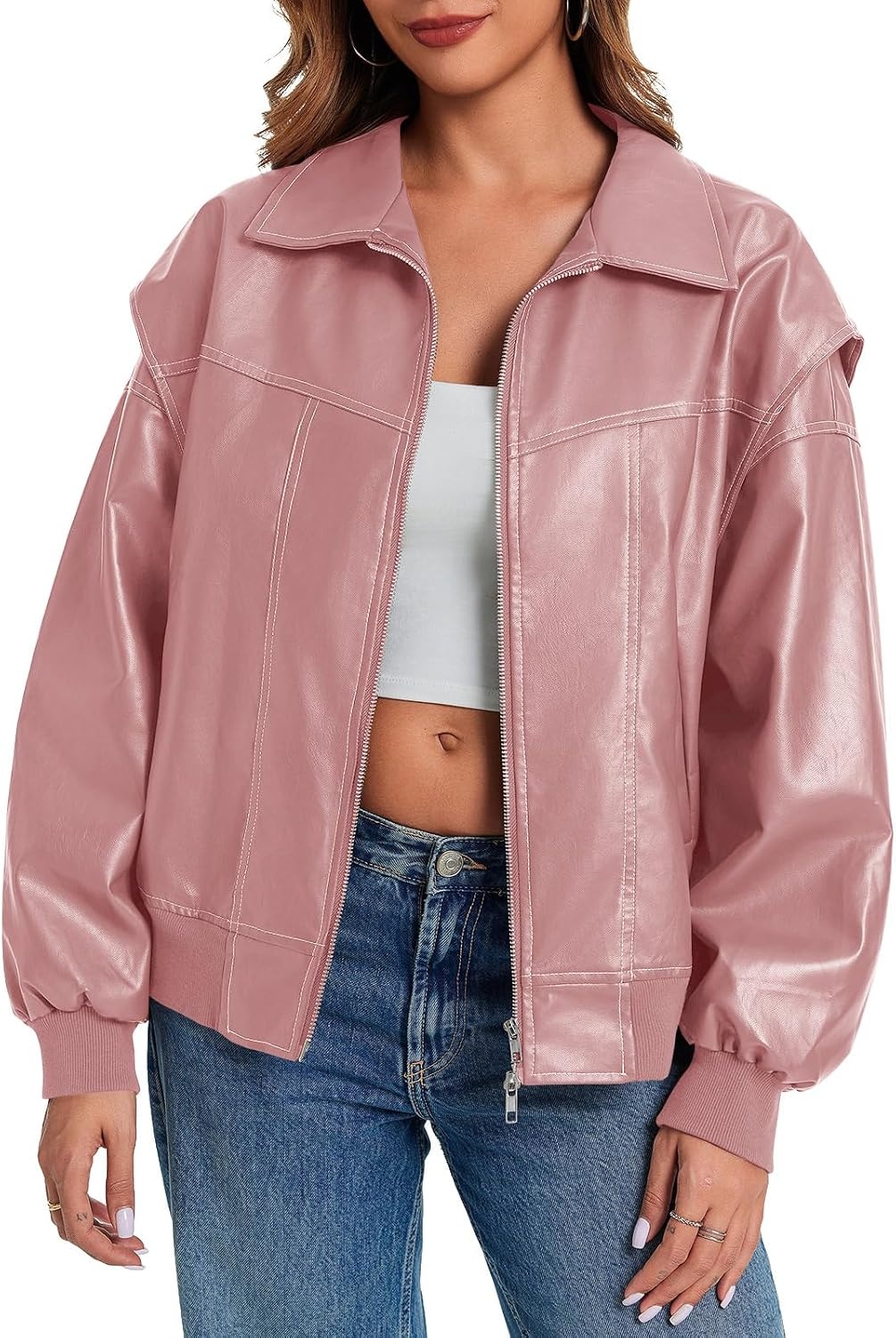 image:imageTankaneo Womens Oversized Leather Bomber Jackets Zip Up Motorcycle CoatsPink