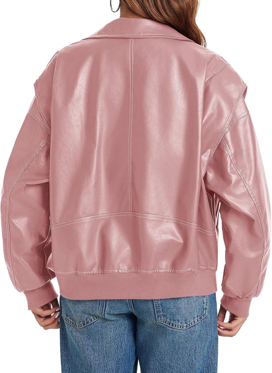 image:imageTankaneo Womens Oversized Leather Bomber Jackets Zip Up Motorcycle CoatsPink