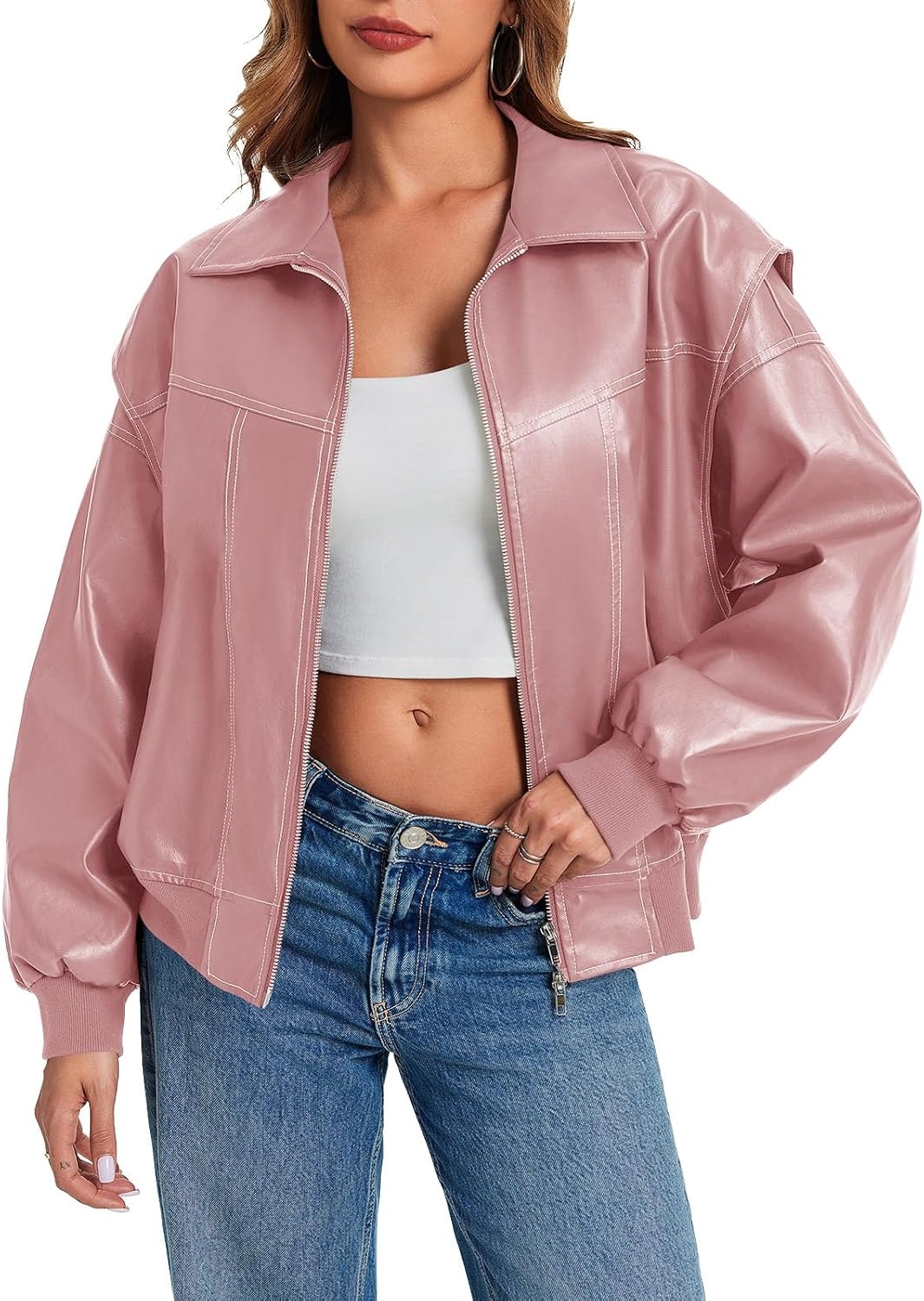 image:imageTankaneo Womens Oversized Leather Bomber Jackets Zip Up Motorcycle CoatsPink