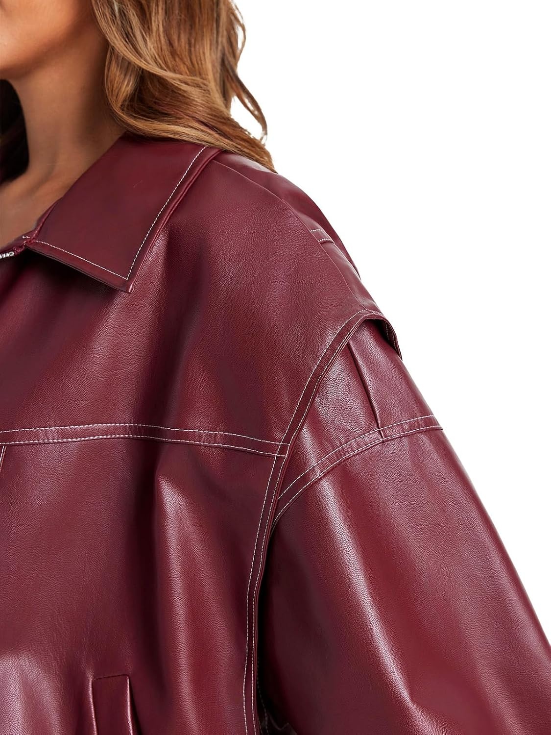 image:imageTankaneo Womens Oversized Leather Bomber Jackets Zip Up Motorcycle CoatsWine Red