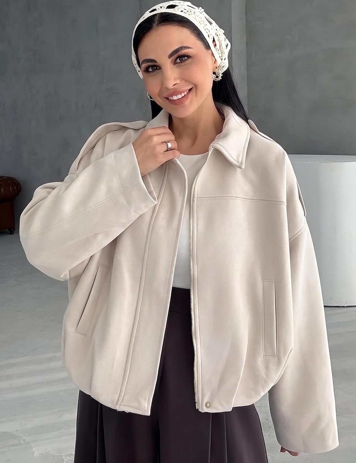 image:imageWomen Faux Suede Bomber Jacket Oversized Cropped Fall Winter Coat01 Beige Pocket