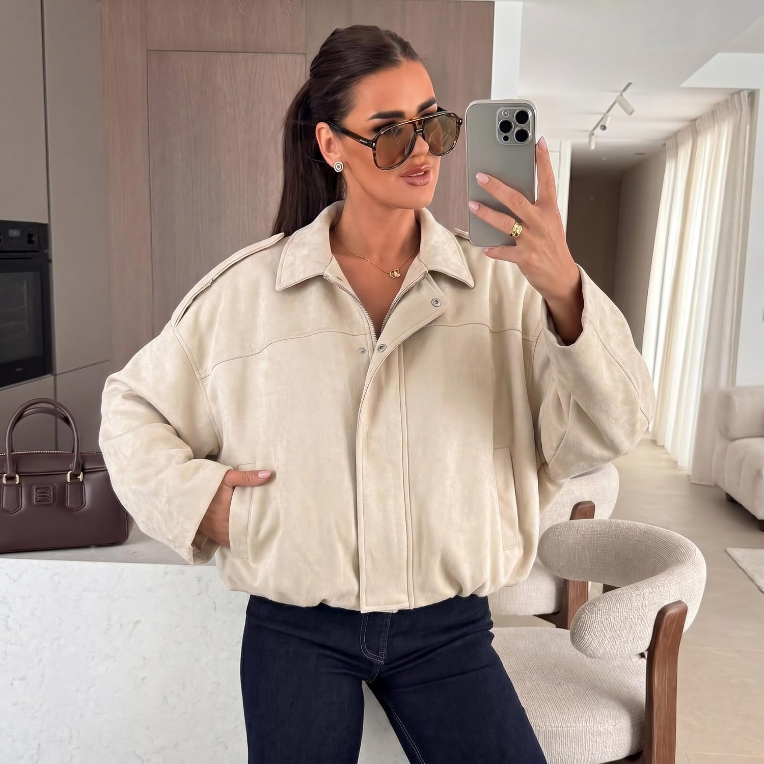 image:imageWomen Faux Suede Bomber Jacket Oversized Cropped Fall Winter Coat01 Beige Pocket