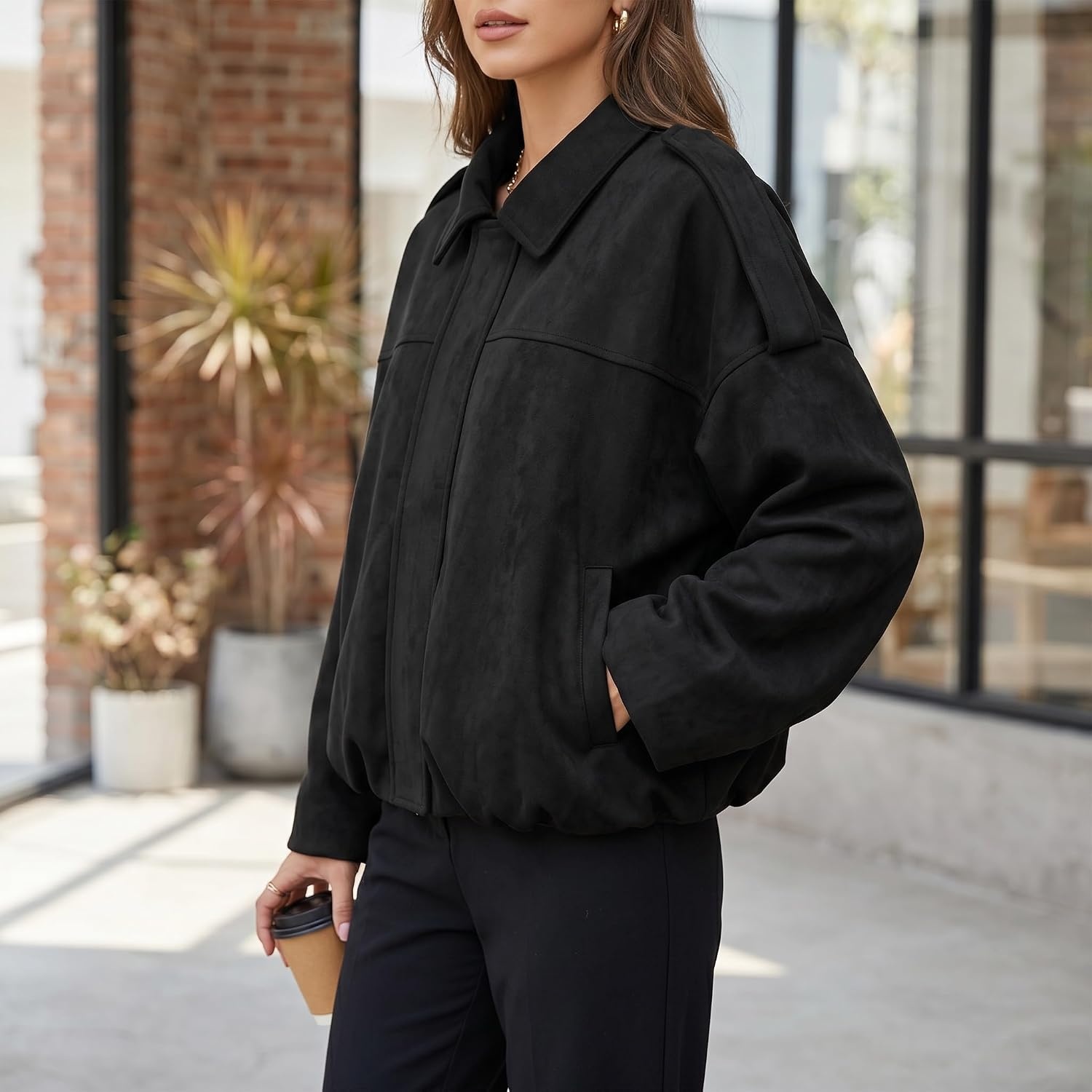image:imageWomen Faux Suede Bomber Jacket Oversized Cropped Fall Winter Coat01 Black Pocket