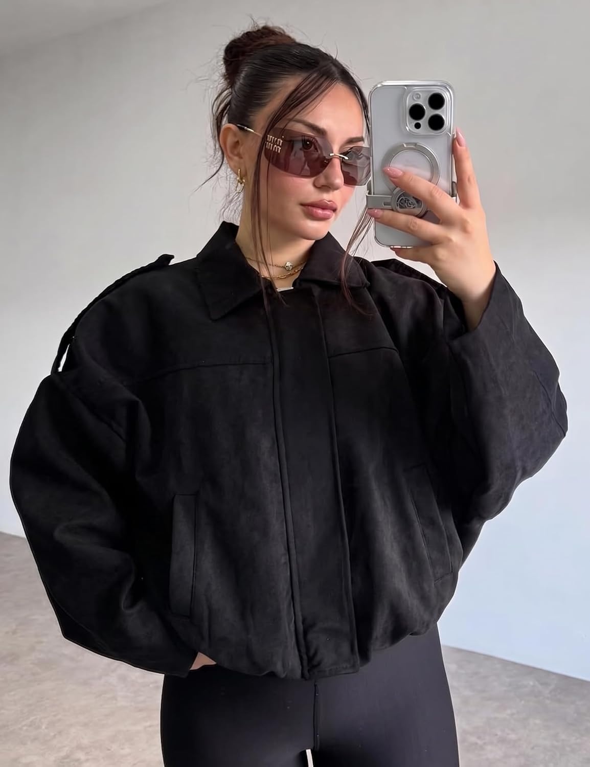 image:imageWomen Faux Suede Bomber Jacket Oversized Cropped Fall Winter Coat01 Black Pocket