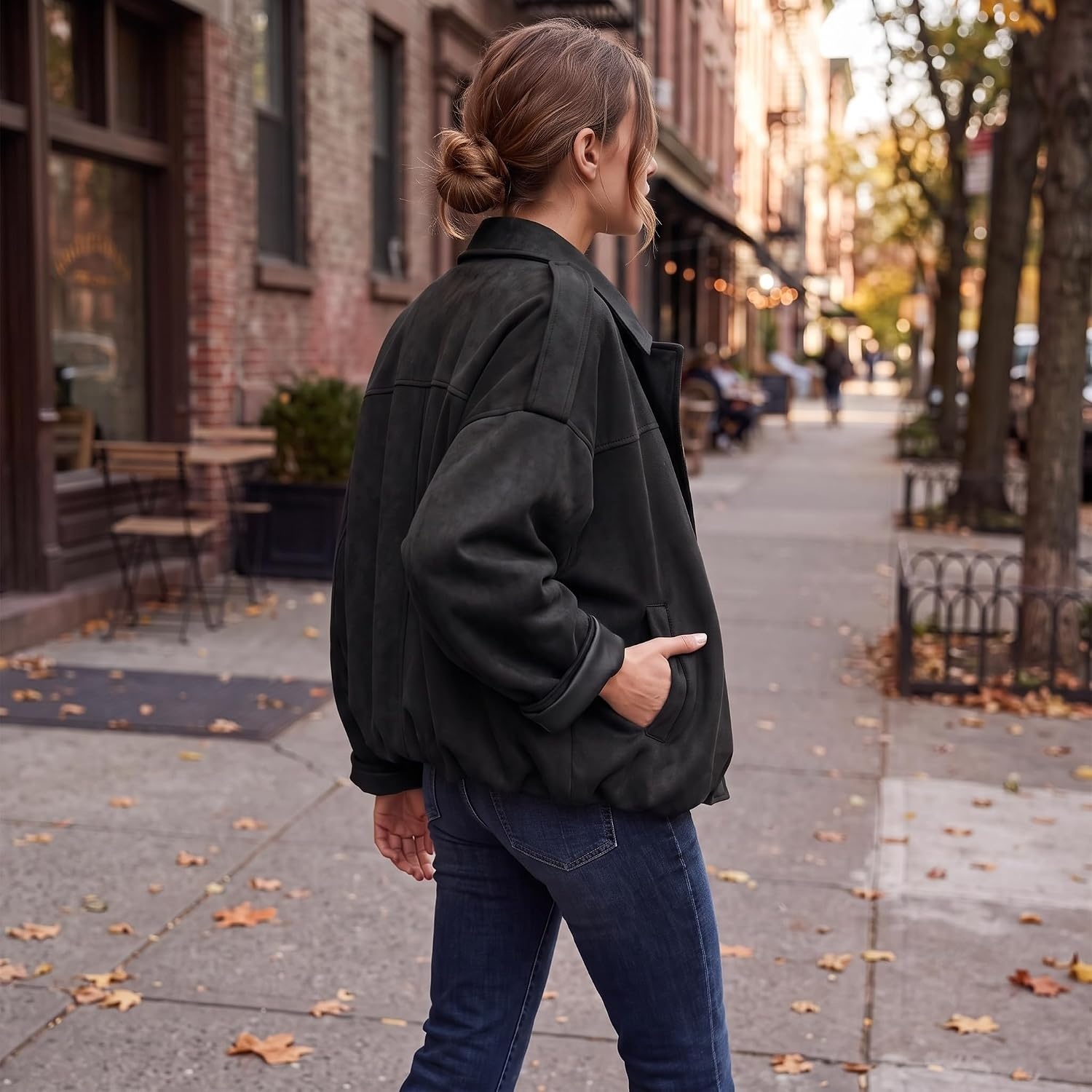 image:imageWomen Faux Suede Bomber Jacket Oversized Cropped Fall Winter Coat01 Black Pocket