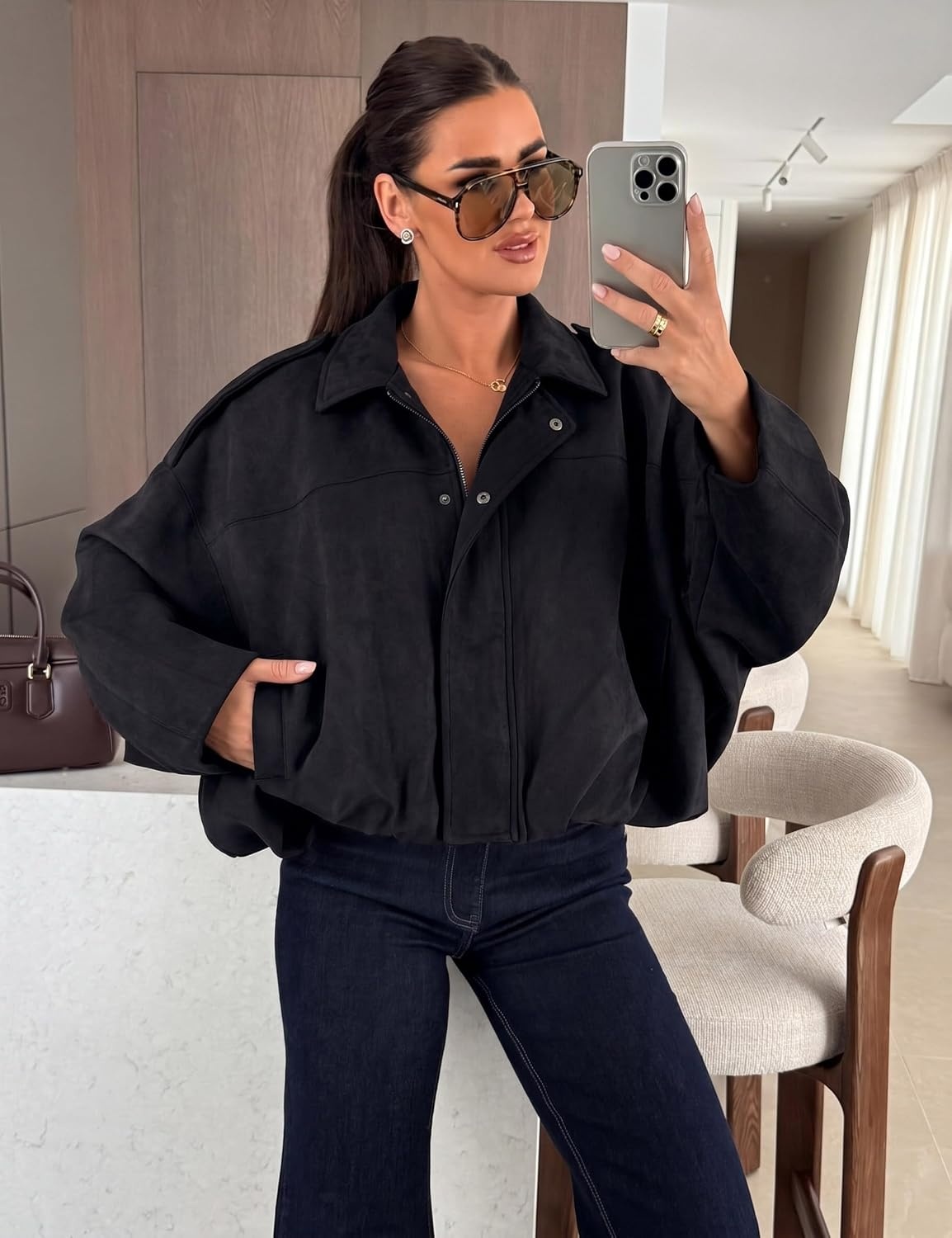 image:imageWomen Faux Suede Bomber Jacket Oversized Cropped Fall Winter Coat01 Black Pocket