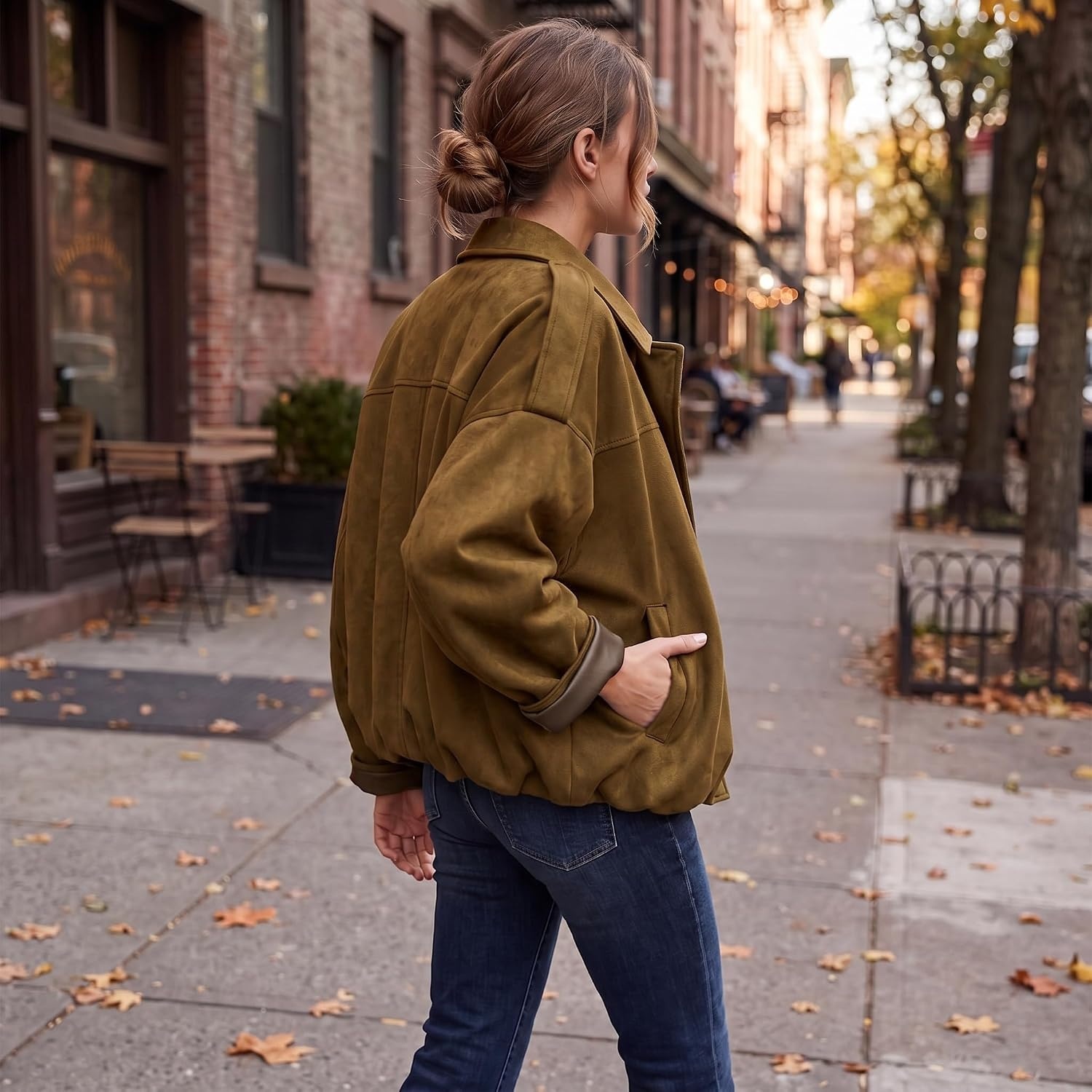 image:imageWomen Faux Suede Bomber Jacket Oversized Cropped Fall Winter Coat01 Brown Pocket