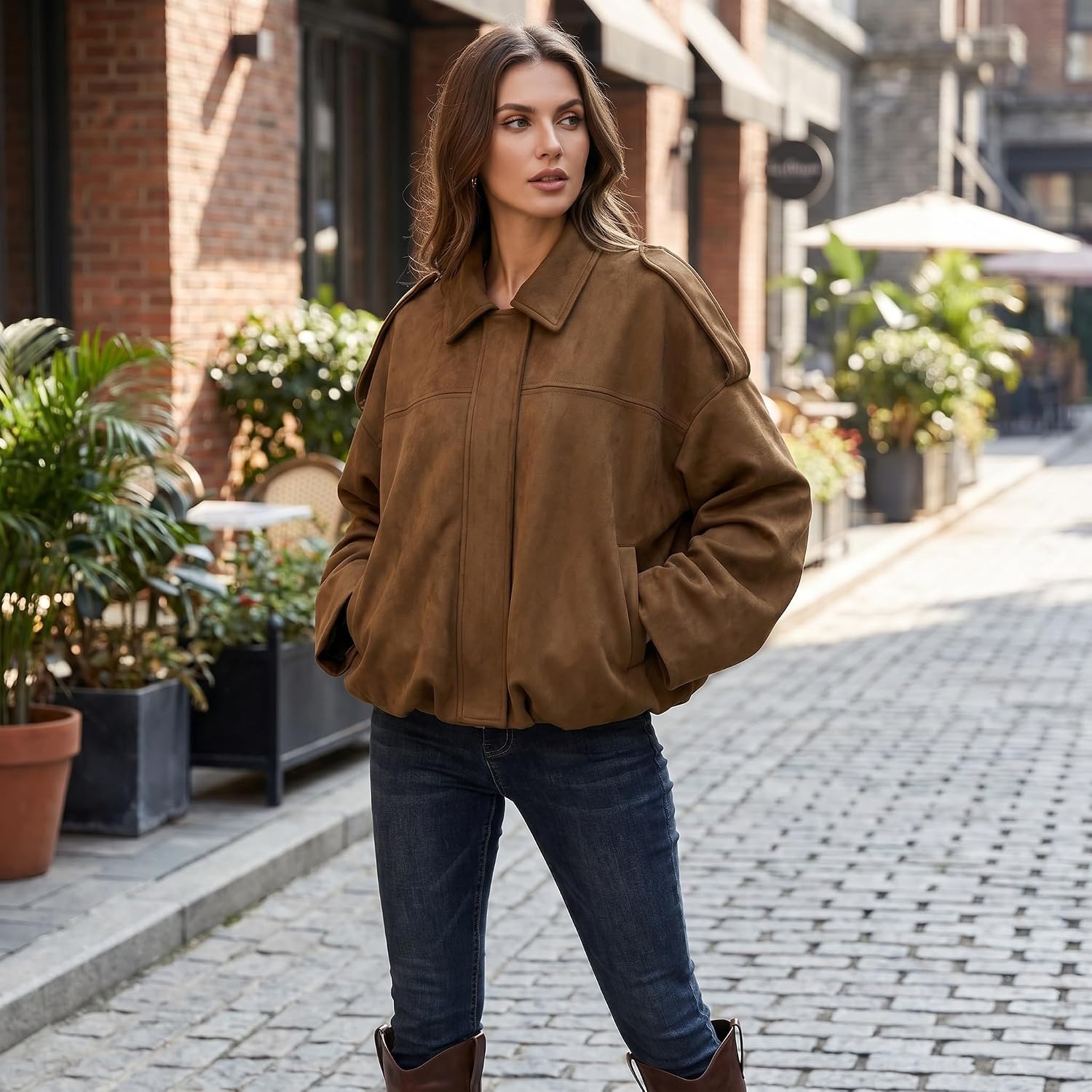 image:imageWomen Faux Suede Bomber Jacket Oversized Cropped Fall Winter Coat01 Brown Pocket