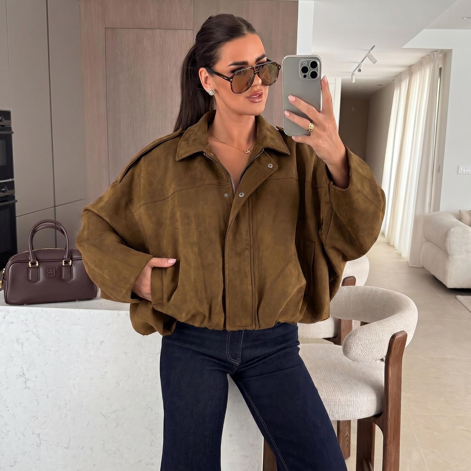 image:imageWomen Faux Suede Bomber Jacket Oversized Cropped Fall Winter Coat01 Brown Pocket