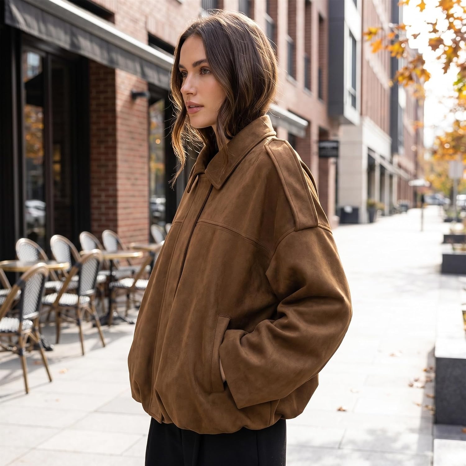 image:imageWomen Faux Suede Bomber Jacket Oversized Cropped Fall Winter Coat01 Brown Pocket