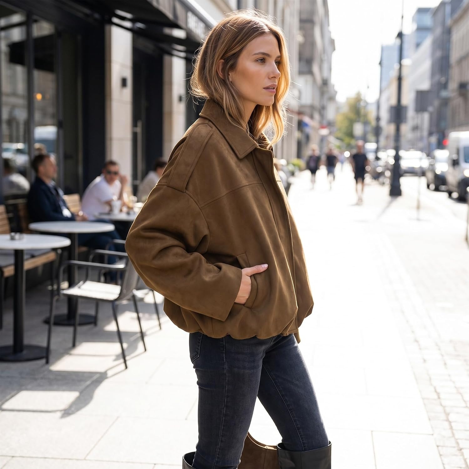 image:imageWomen Faux Suede Bomber Jacket Oversized Cropped Fall Winter Coat01 Brown Pocket