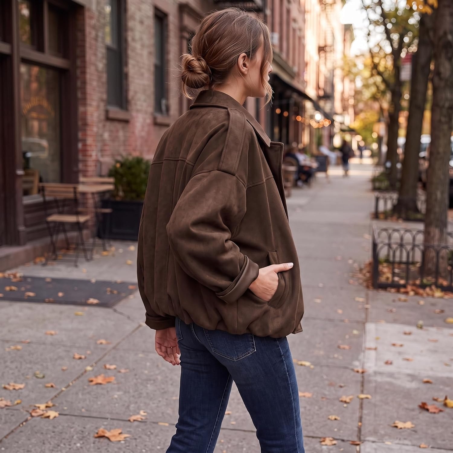 image:imageWomen Faux Suede Bomber Jacket Oversized Cropped Fall Winter Coat01 Coffee Pocket