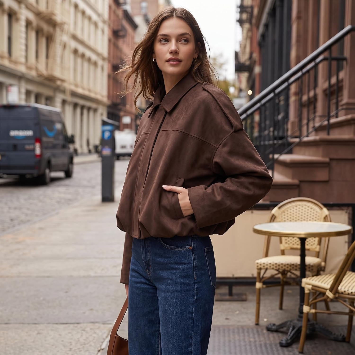 image:imageWomen Faux Suede Bomber Jacket Oversized Cropped Fall Winter Coat01 Coffee Pocket