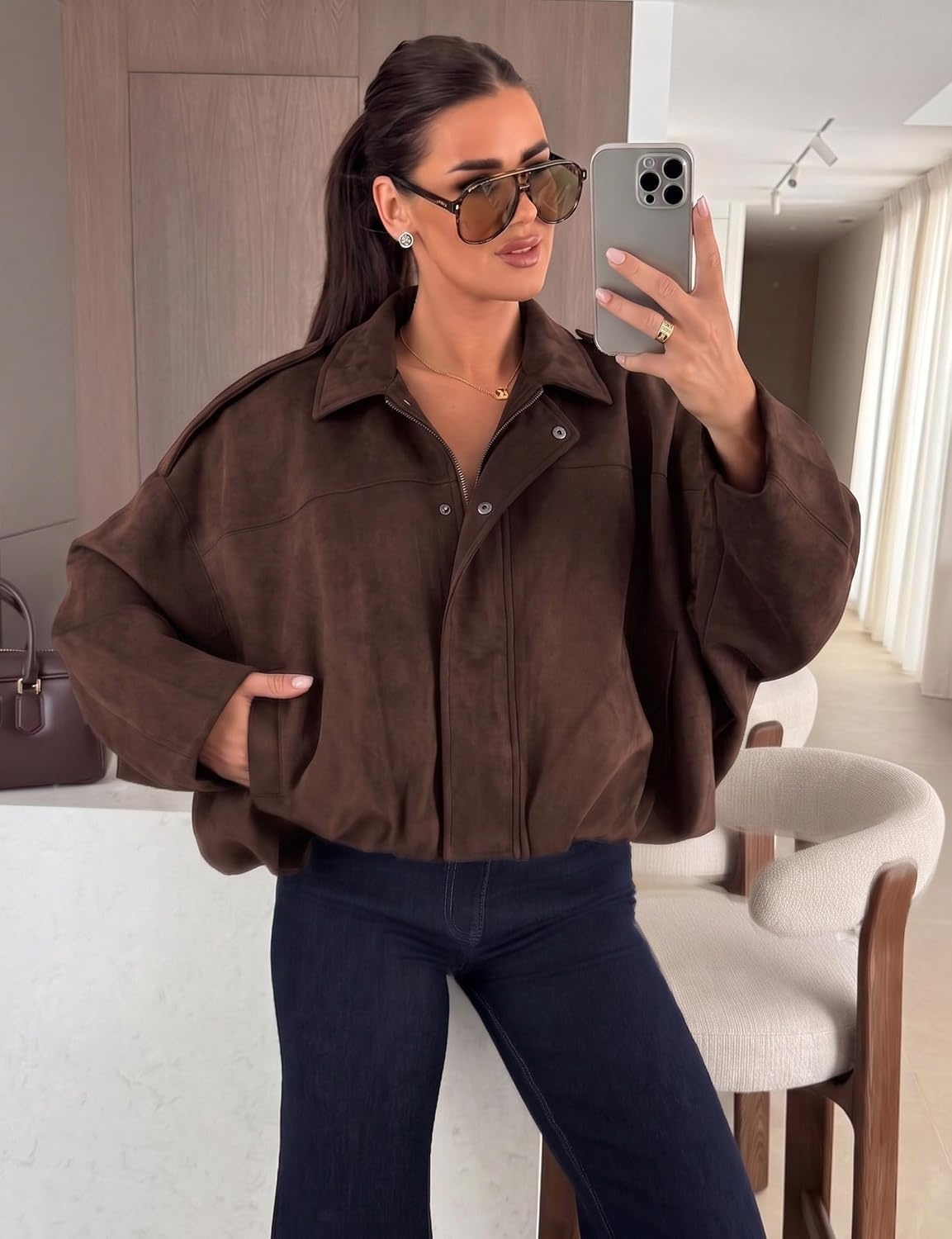 image:imageWomen Faux Suede Bomber Jacket Oversized Cropped Fall Winter Coat01 Coffee Pocket