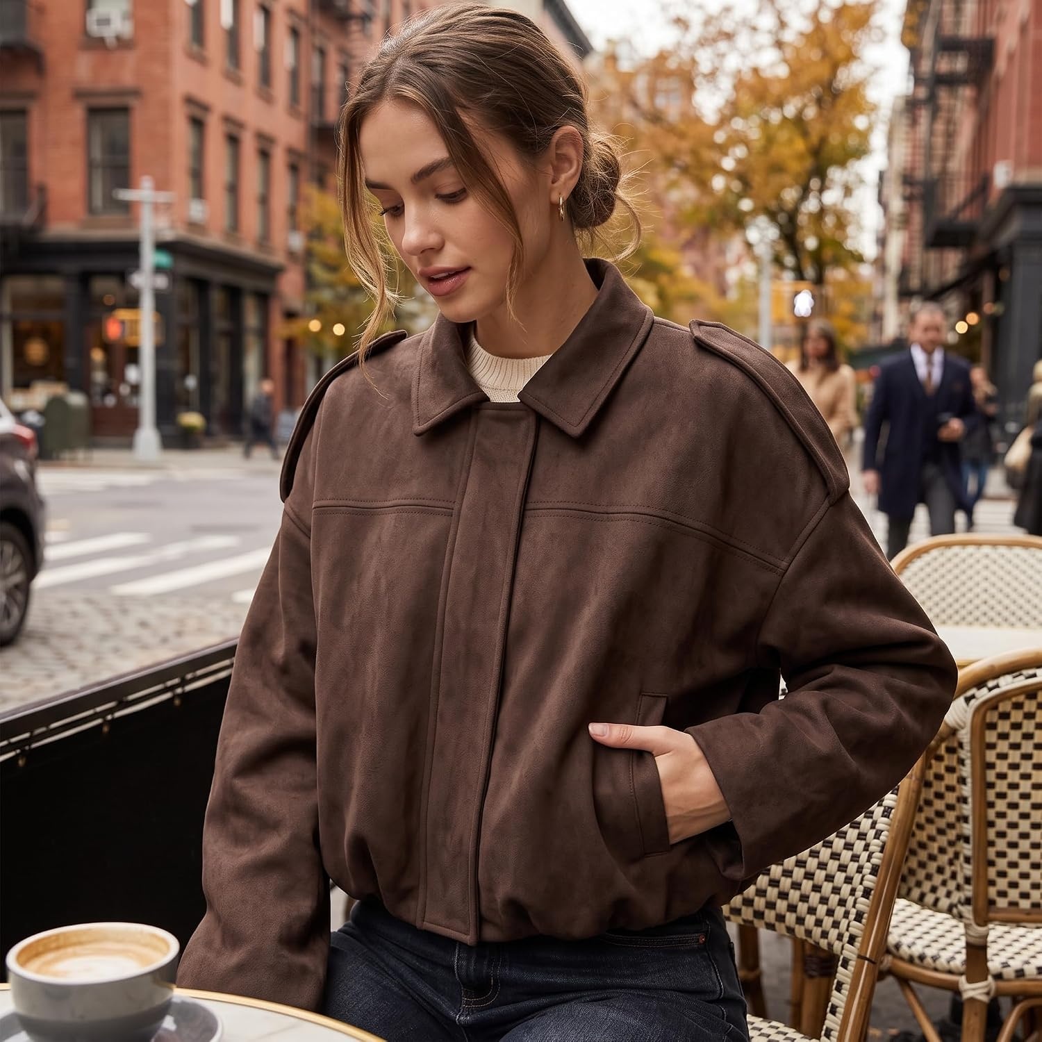 image:imageWomen Faux Suede Bomber Jacket Oversized Cropped Fall Winter Coat01 Coffee Pocket