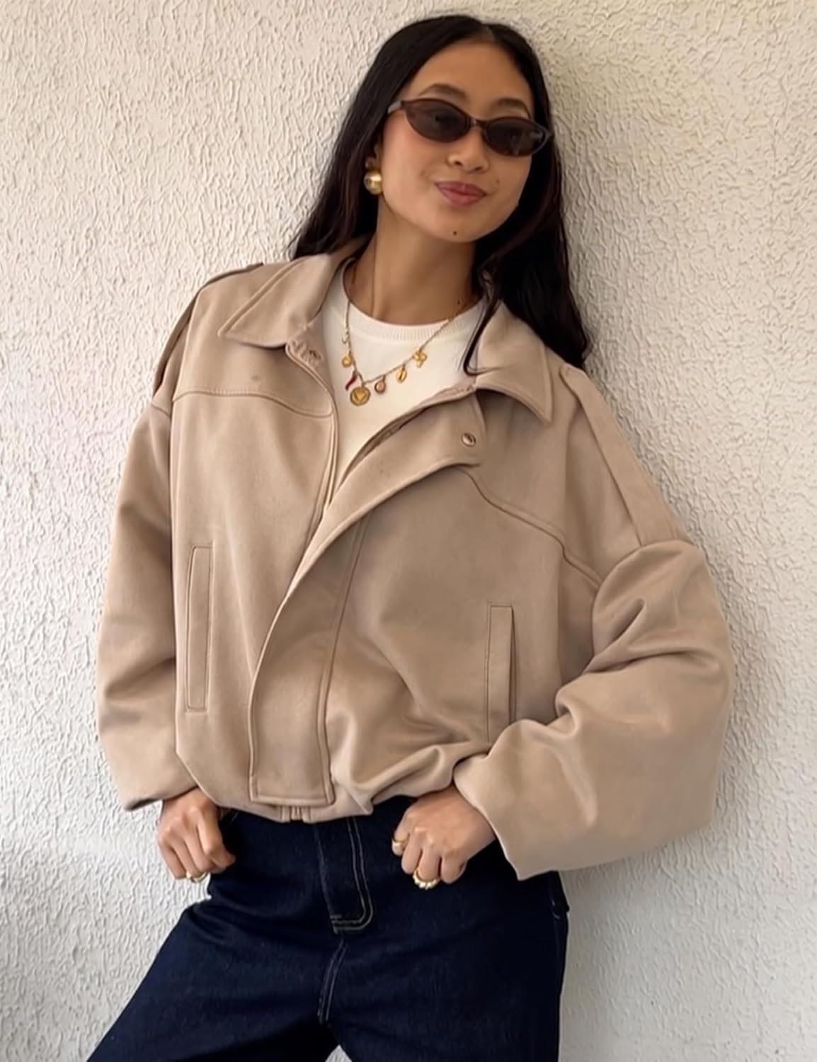 image:imageWomen Faux Suede Bomber Jacket Oversized Cropped Fall Winter Coat01 Khaki Pocket