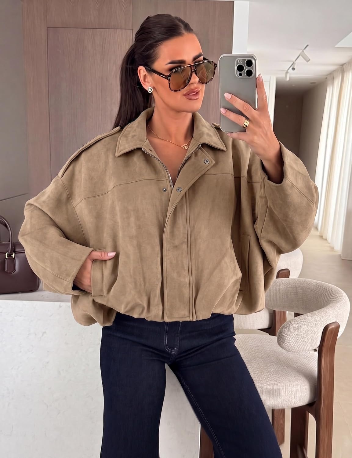 image:imageWomen Faux Suede Bomber Jacket Oversized Cropped Fall Winter Coat01 Khaki Pocket