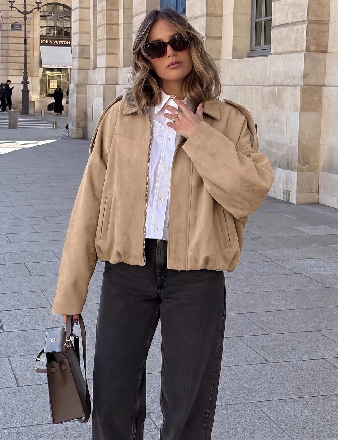image:imageWomen Faux Suede Bomber Jacket Oversized Cropped Fall Winter Coat01 Khaki Pocket