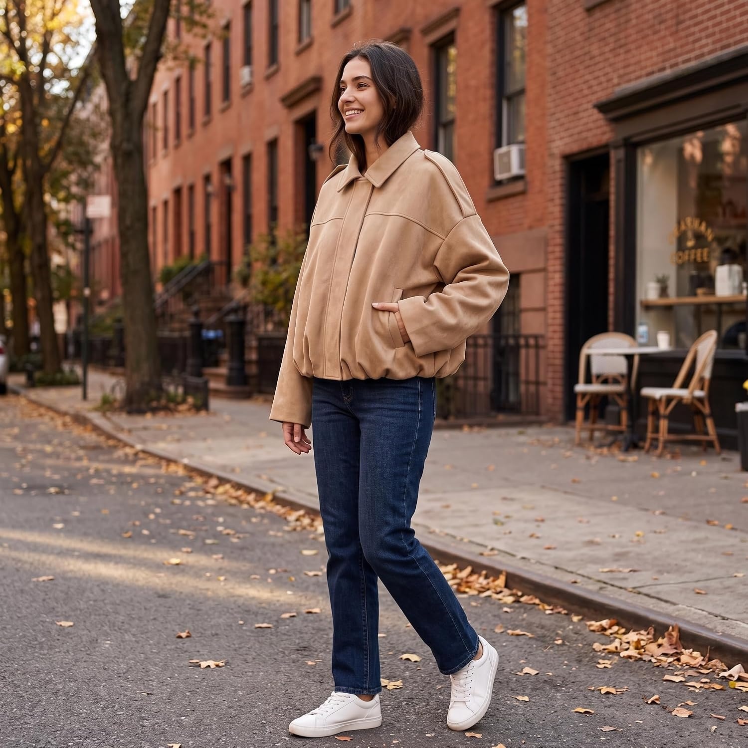 image:imageWomen Faux Suede Bomber Jacket Oversized Cropped Fall Winter Coat01 Khaki Pocket