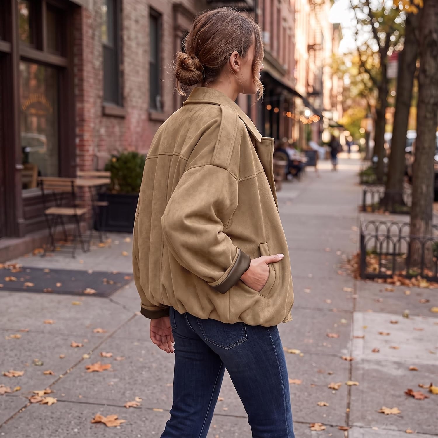 image:imageWomen Faux Suede Bomber Jacket Oversized Cropped Fall Winter Coat01 Khaki Pocket