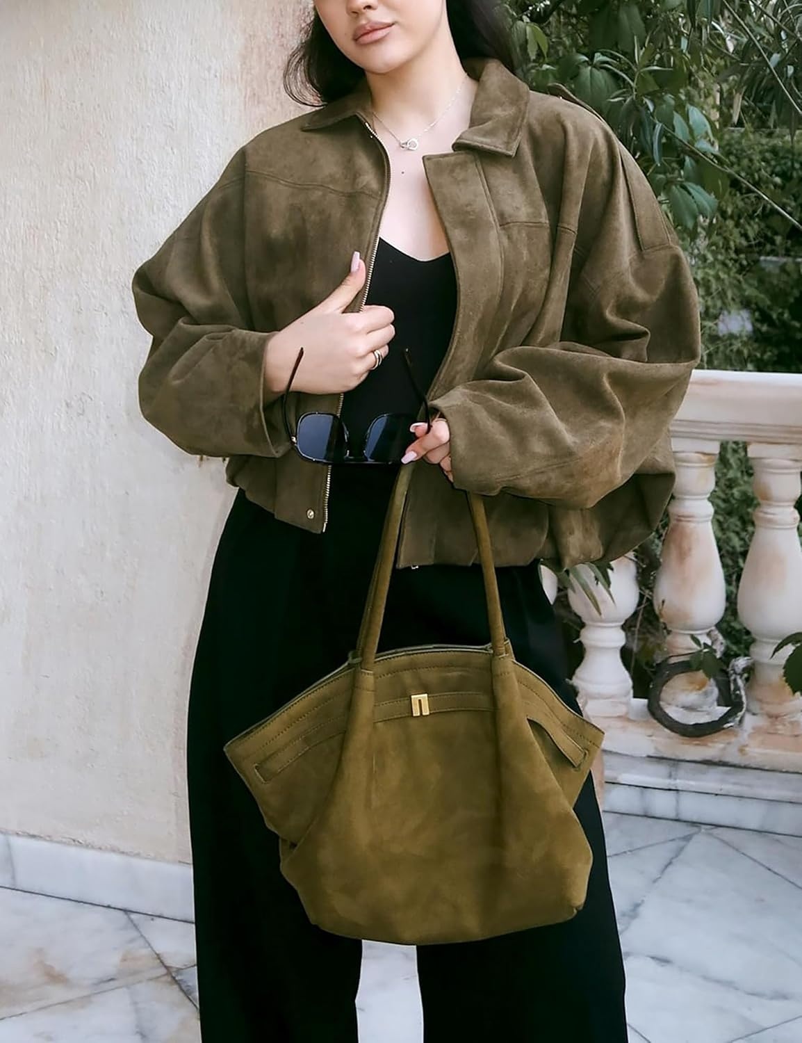 image:imageWomen Faux Suede Bomber Jacket Oversized Cropped Fall Winter CoatArmy Green