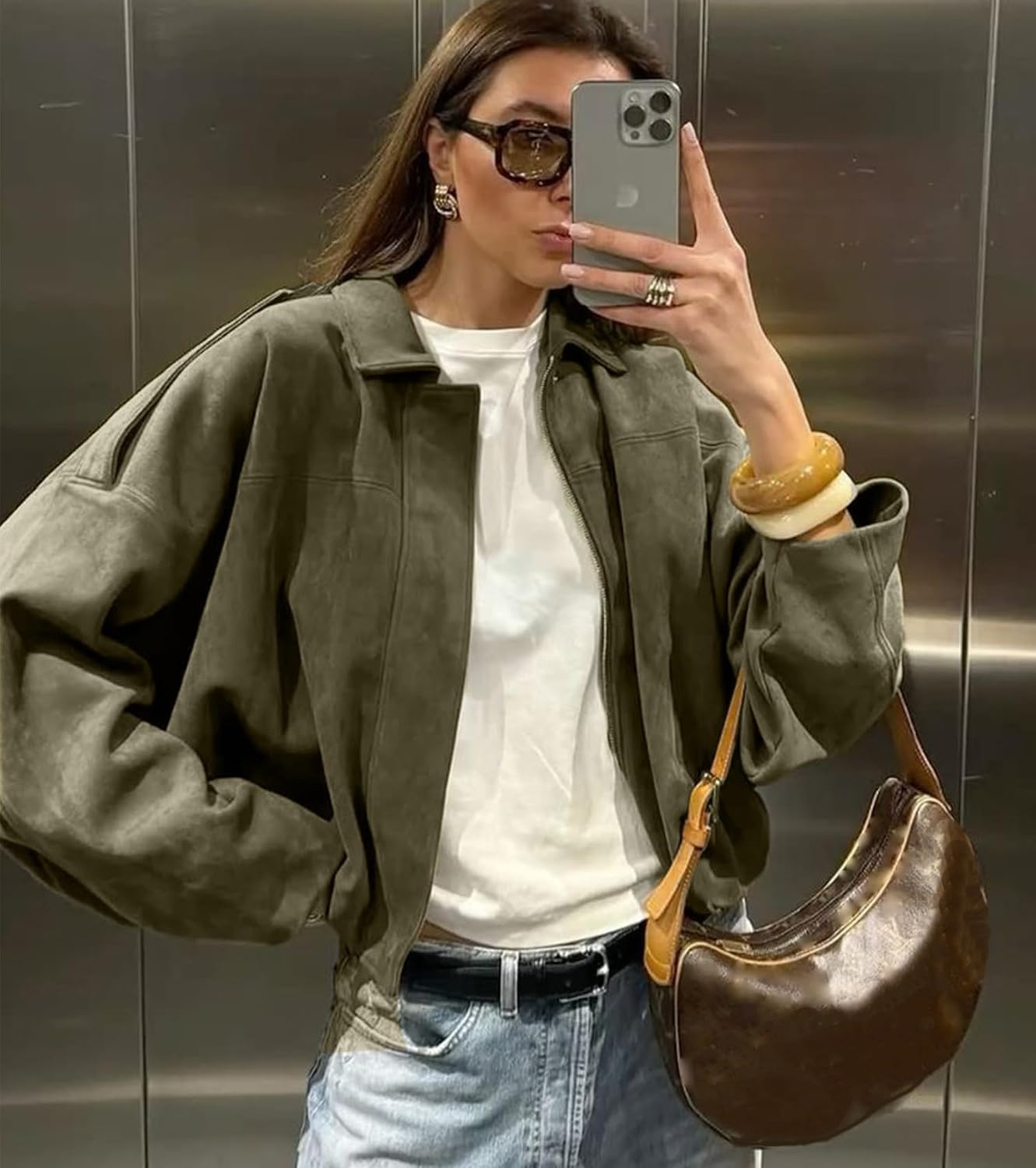 image:imageWomen Faux Suede Bomber Jacket Oversized Cropped Fall Winter CoatArmy Green