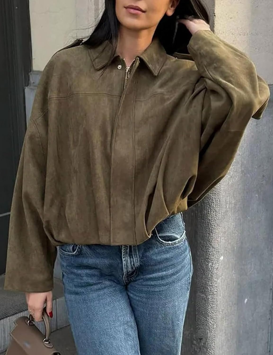 image:imageWomen Faux Suede Bomber Jacket Oversized Cropped Fall Winter CoatArmy Green