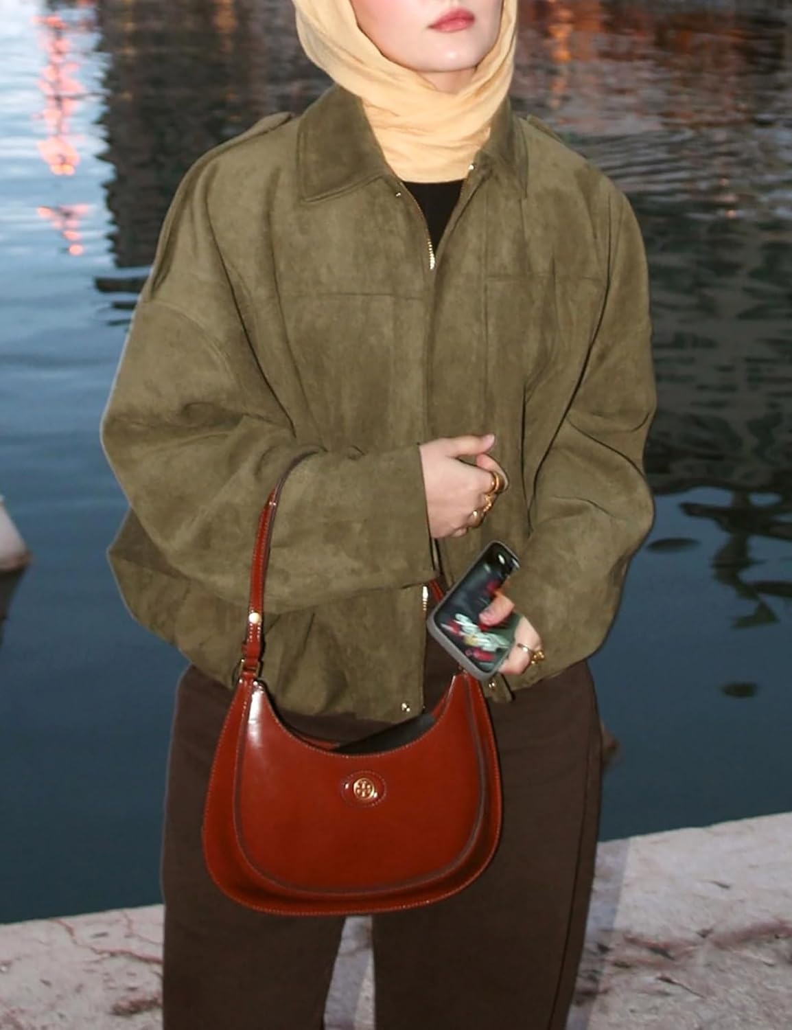 image:imageWomen Faux Suede Bomber Jacket Oversized Cropped Fall Winter CoatArmy Green