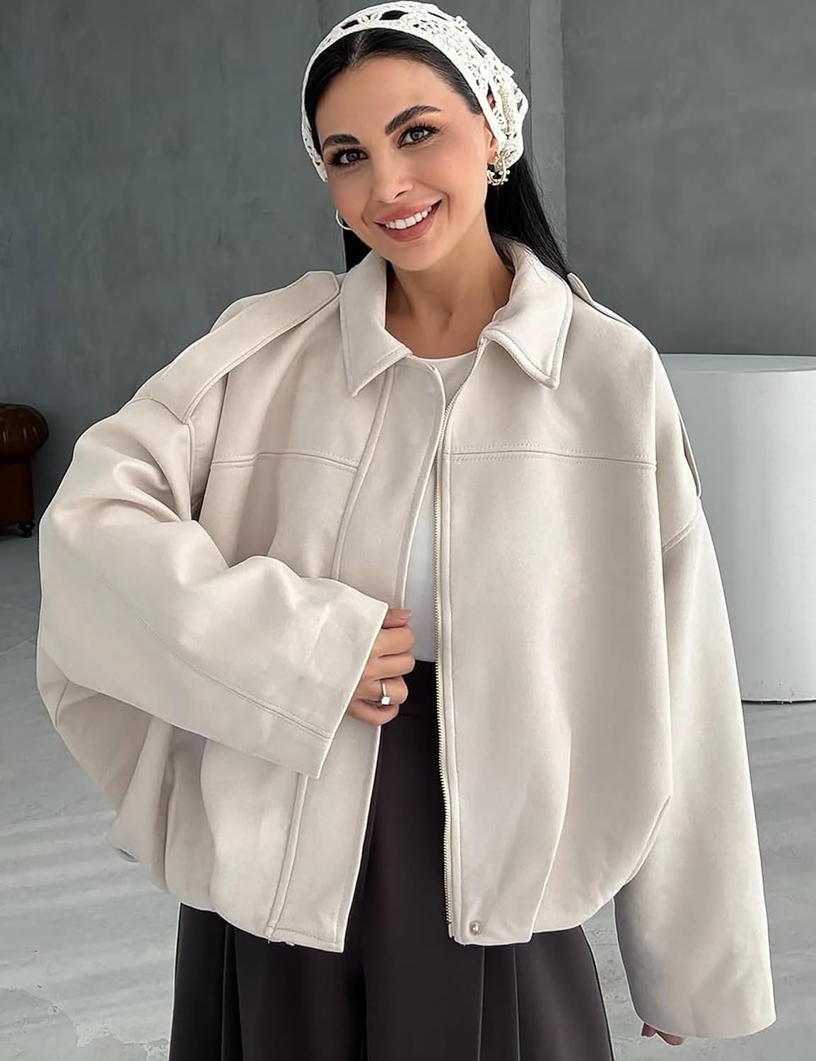 image:imageWomen Faux Suede Bomber Jacket Oversized Cropped Fall Winter CoatBeige