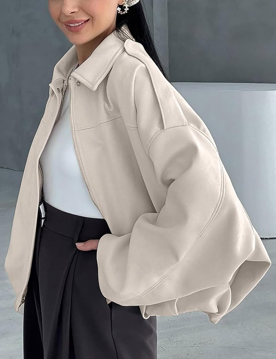 image:imageWomen Faux Suede Bomber Jacket Oversized Cropped Fall Winter CoatBeige