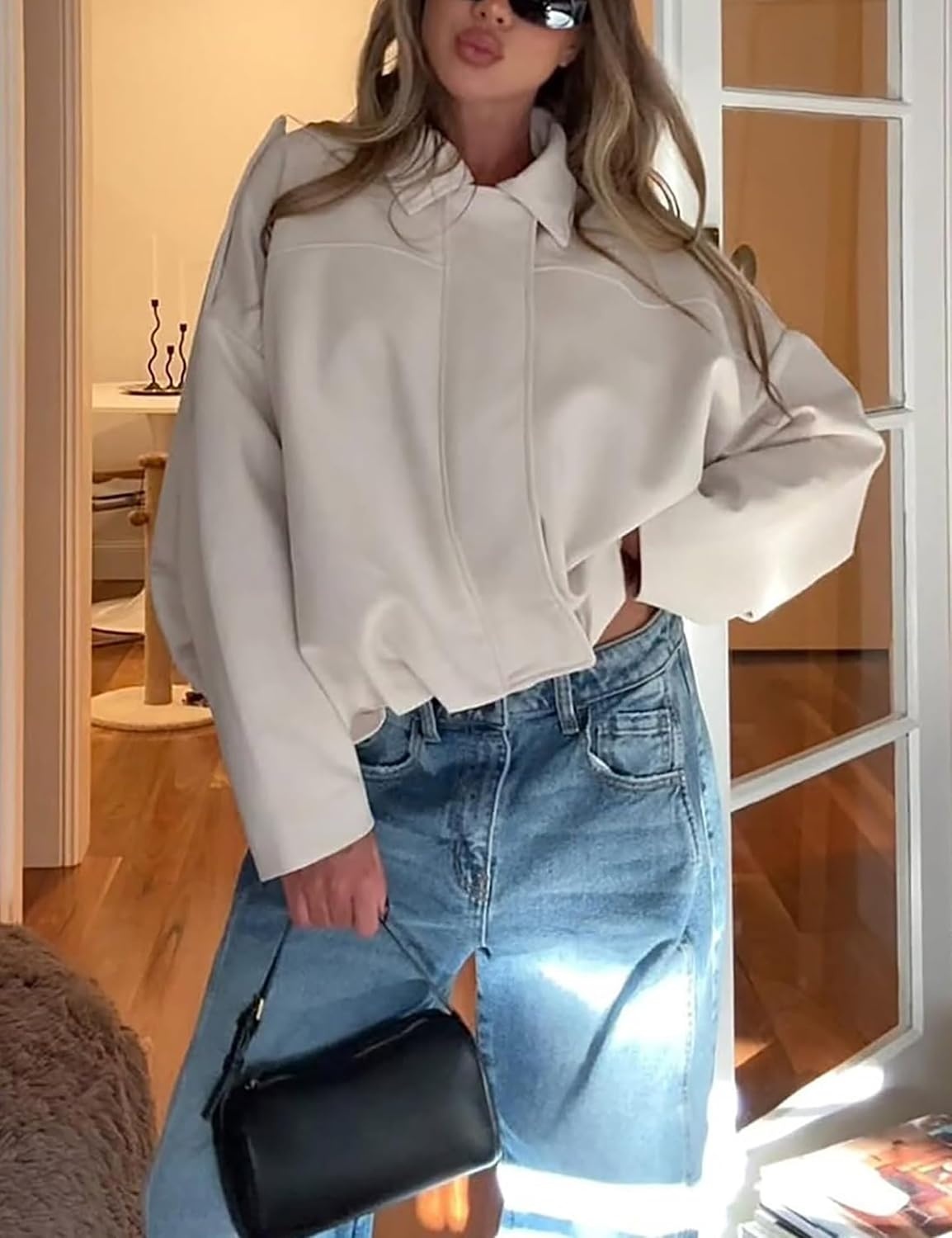 image:imageWomen Faux Suede Bomber Jacket Oversized Cropped Fall Winter CoatBeige