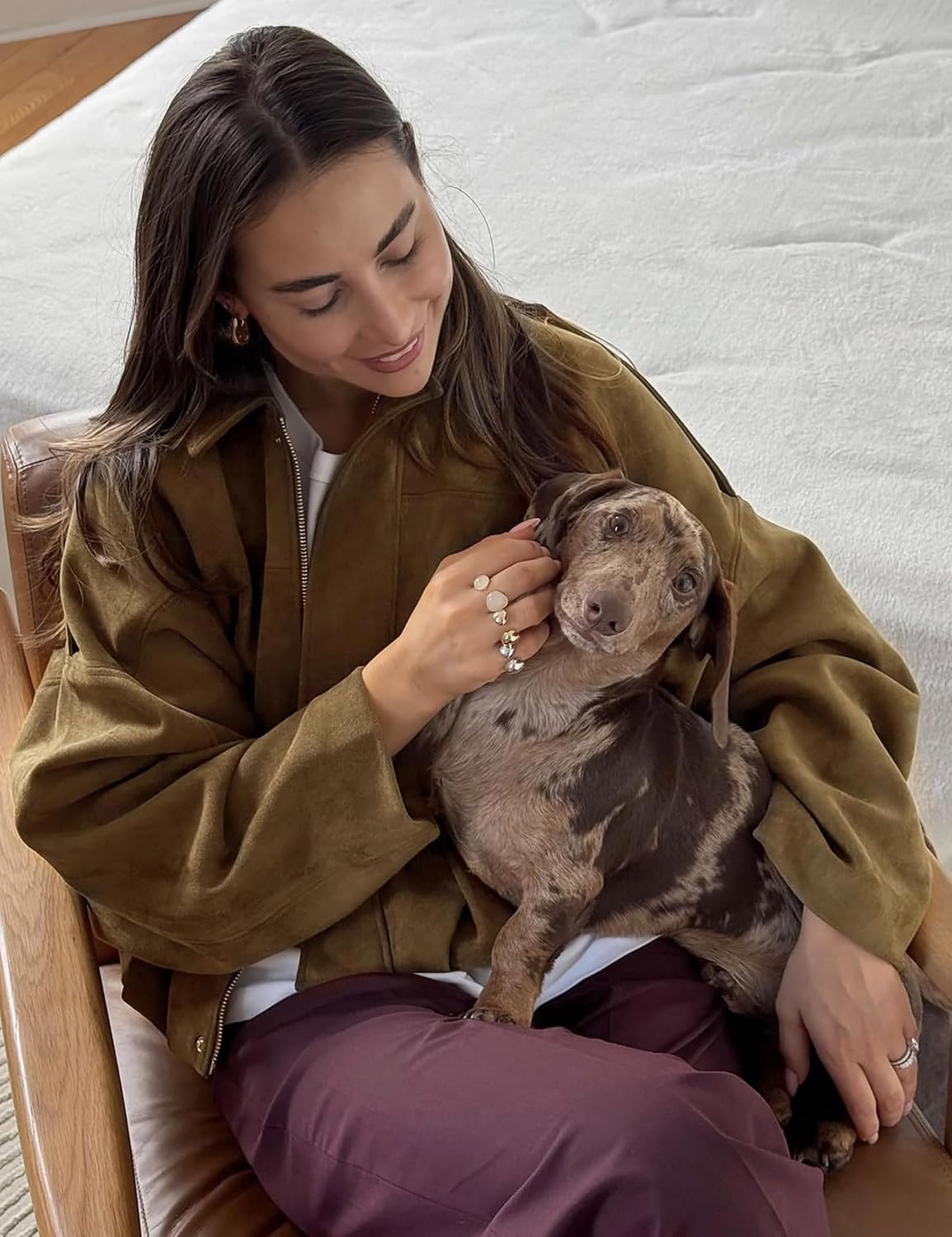 image:imageWomen Faux Suede Bomber Jacket Oversized Cropped Fall Winter CoatBrown