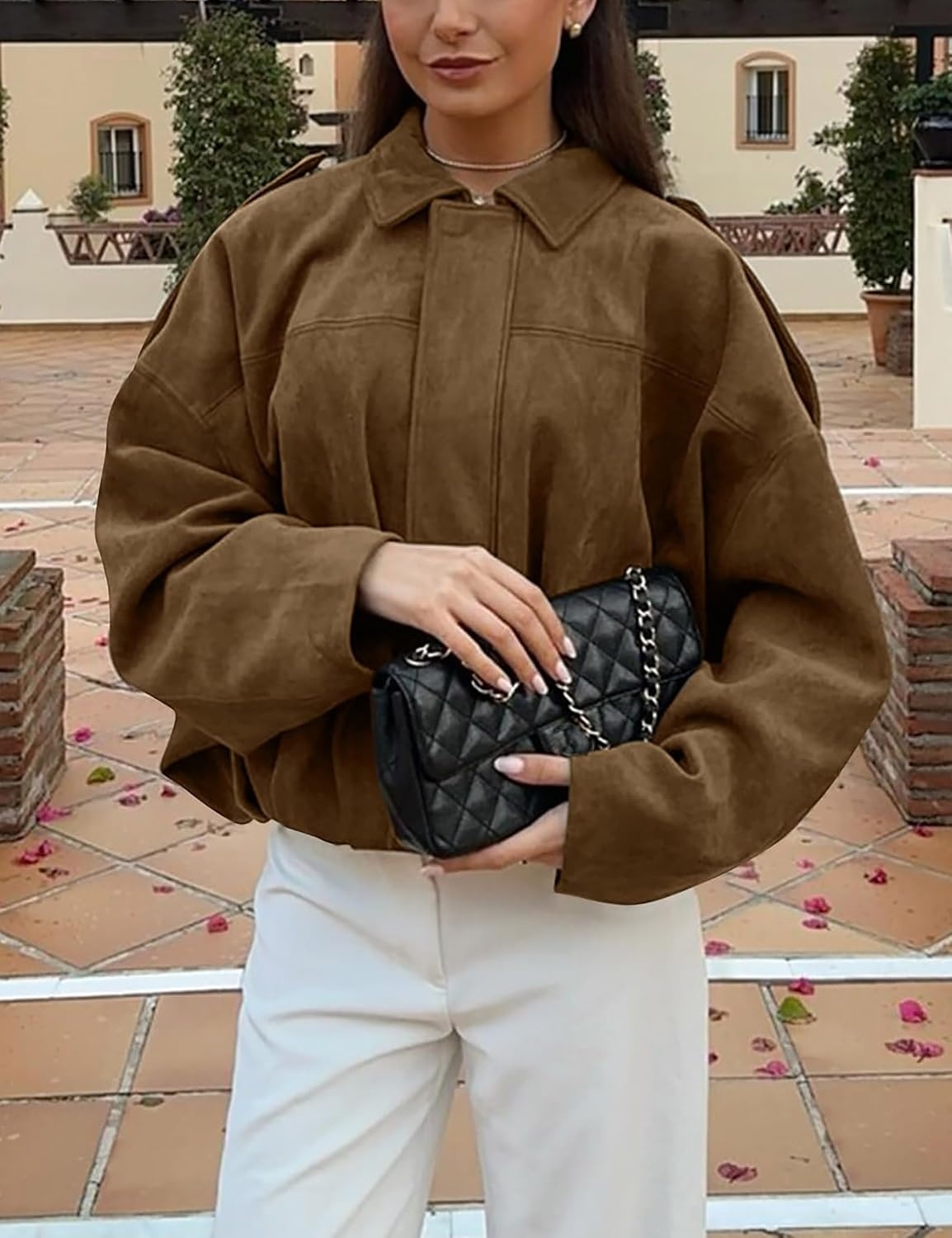 image:imageWomen Faux Suede Bomber Jacket Oversized Cropped Fall Winter CoatBrown
