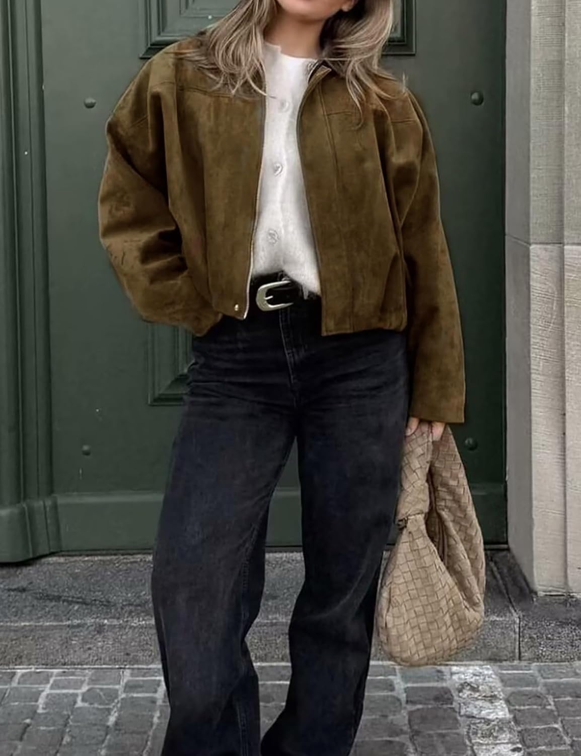 image:imageWomen Faux Suede Bomber Jacket Oversized Cropped Fall Winter CoatBrown